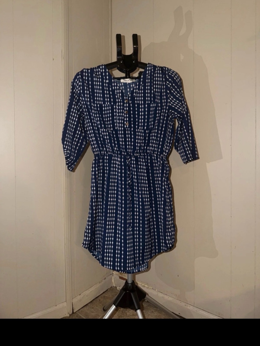 Navy Blue Patterned Tie-Waist Mini Dress